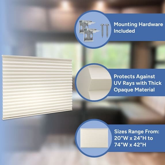 mounting hardware included, protects against UV rays with thick opaque material, sizes range from 20" x 24" to 74"W x 42"