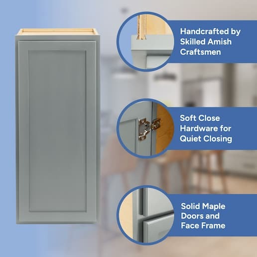 handcrafted by skilled amish craftsmen, soft close hardware, solid maple doors, face frame, and drawer front
