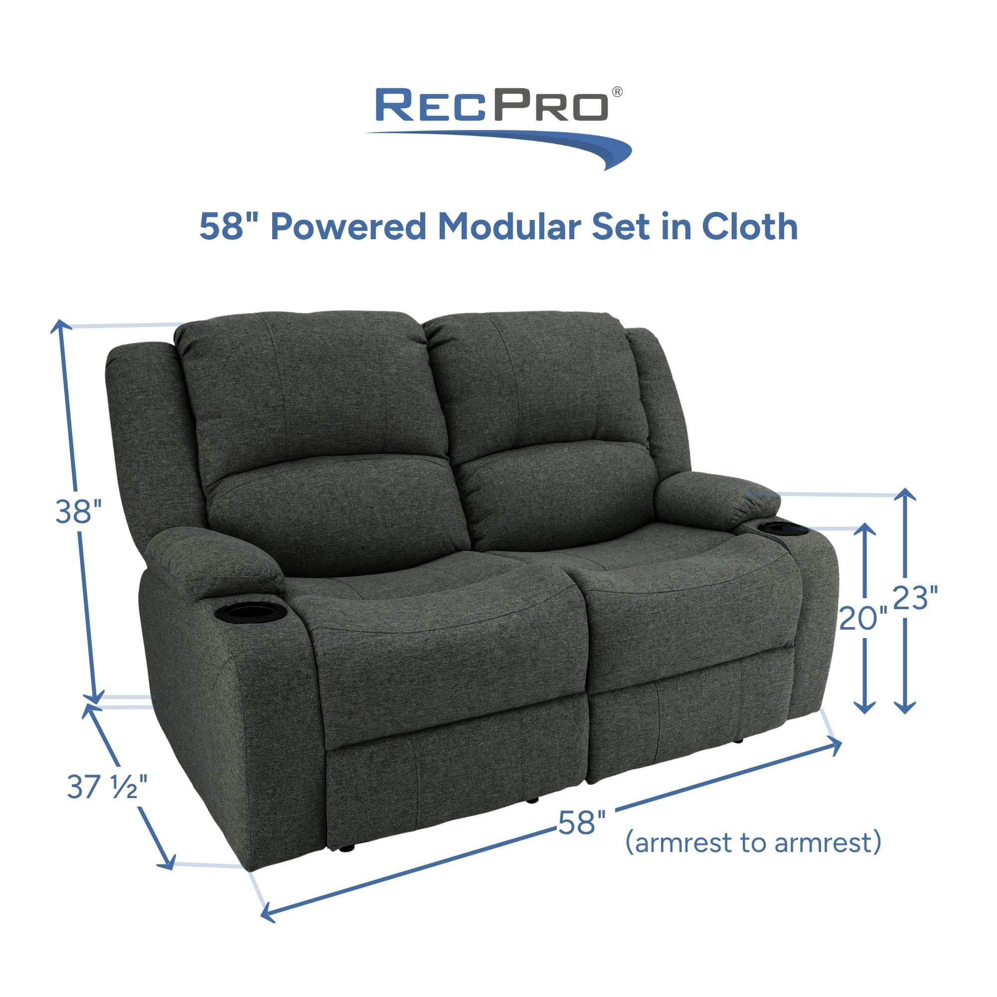 58" Powered Modular Set in Cloth Measurements 58" Powered Modular Set in Cloth Measurements