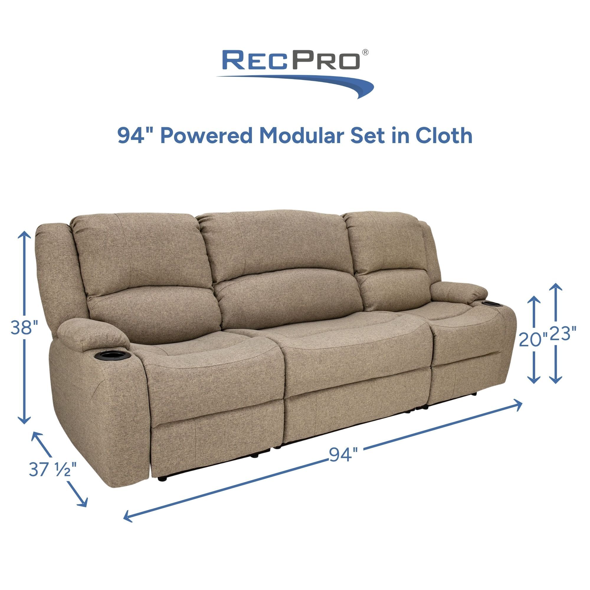 94" Powered Modular Set in Cloth Measurements 