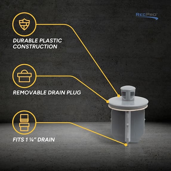 durable plastic construction, removable drain plug, fits 1 1/4" drain