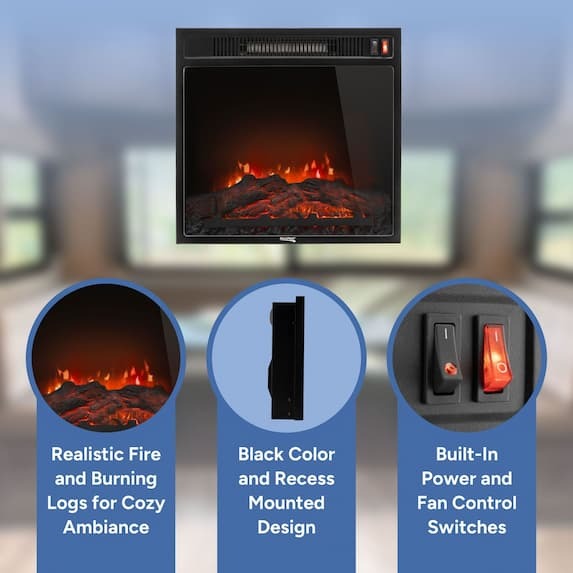 realistic fire and burning logs for cozy ambiance, black color and recess mounted design, built-in power and fan control switches