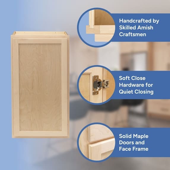 handcrafted by skilled amish craftsmen, soft close hardware, solid maple doors and face frame