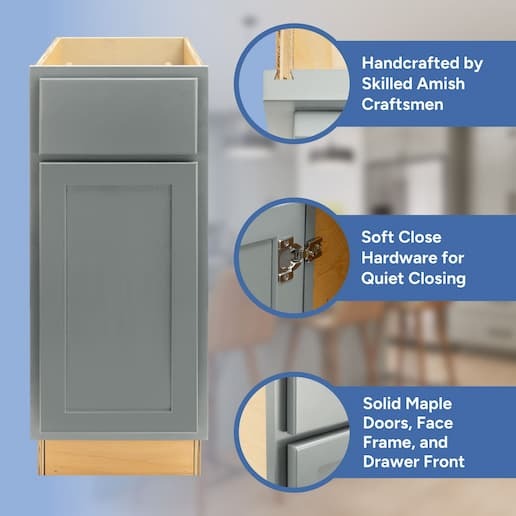 handcrafted by skilled amish craftsmen, soft close hardware, solid maple doors, face frame, and drawer front