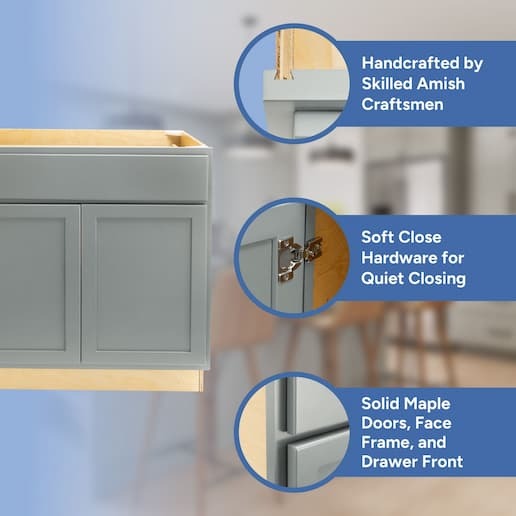 handcrafted by skilled amish craftsmen, soft close hardware, solid maple doors, face frame, and drawer front