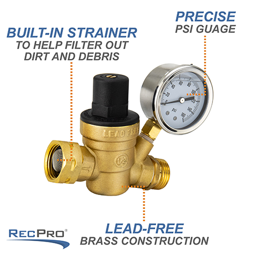 CAMCO 40064 Brass RV Water Pressure Regulator with Guage