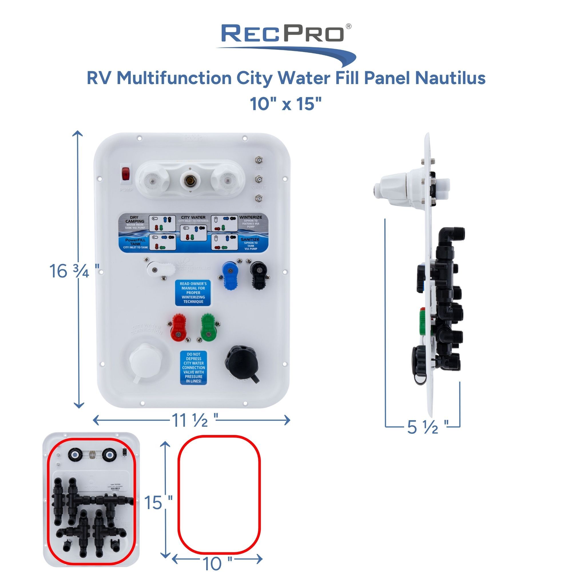 RV Multifunction City Water Fill Panel Nautilus 10" x 15" Measurements RV Multifunction City Water Fill Panel Nautilus 10" x 15" Measurements