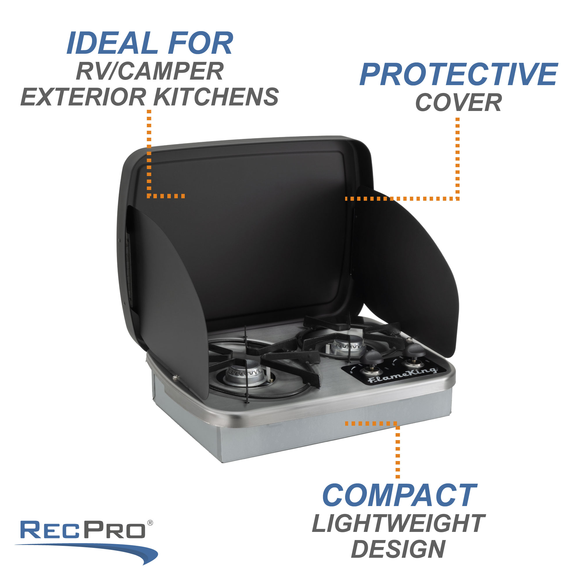 Ideal for RV and camper exterior kitchens. Protective cover. Compact lightweight design. Ideal for RV and camper exterior kitchens. Protective cover. Compact lightweight design.