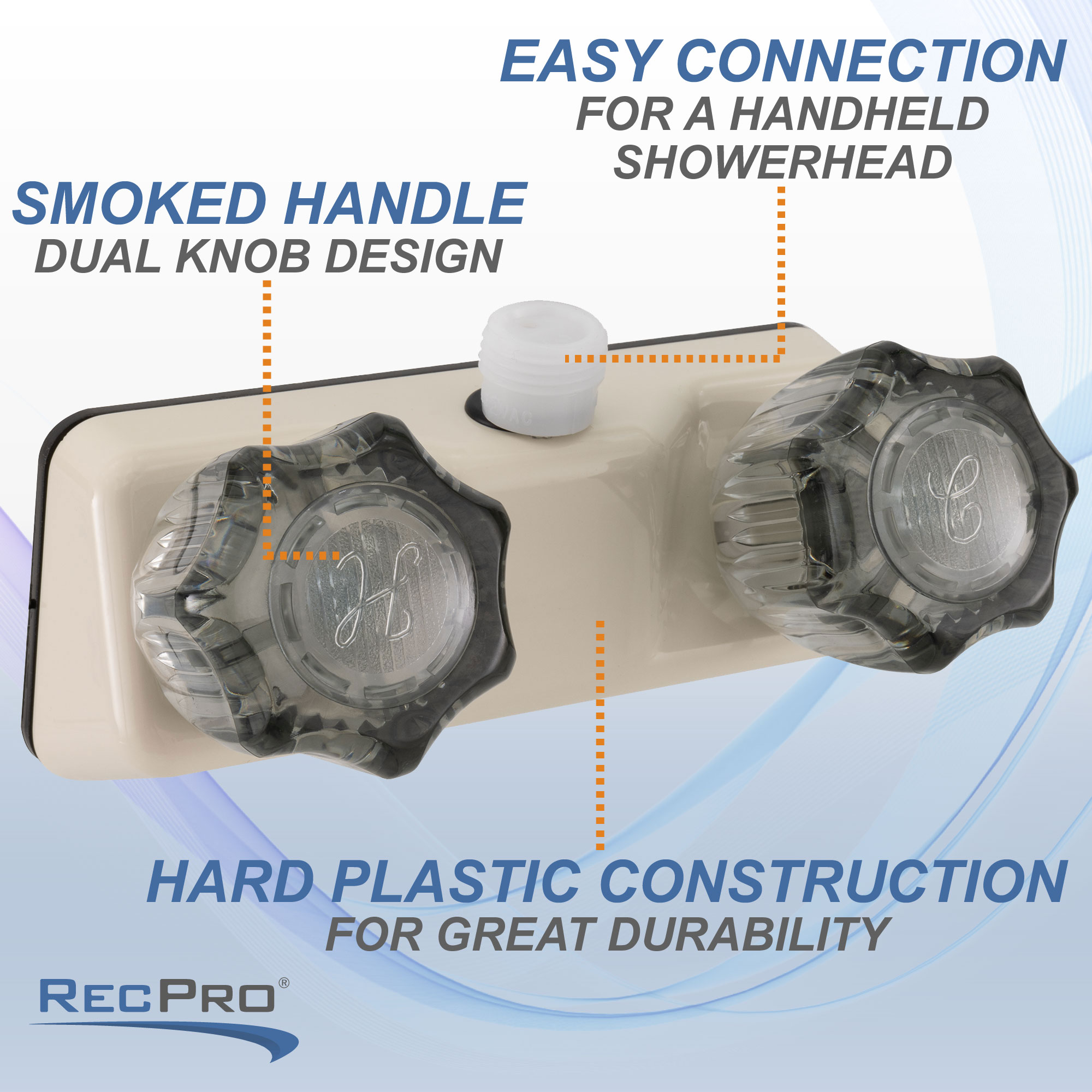 Smoked handle dual knob design. Easy connection for a handheld showerhead. Hard plastic construction for great durability. Smoked handle dual knob design. Easy connection for a handheld showerhead. Hard plastic construction for great durability.