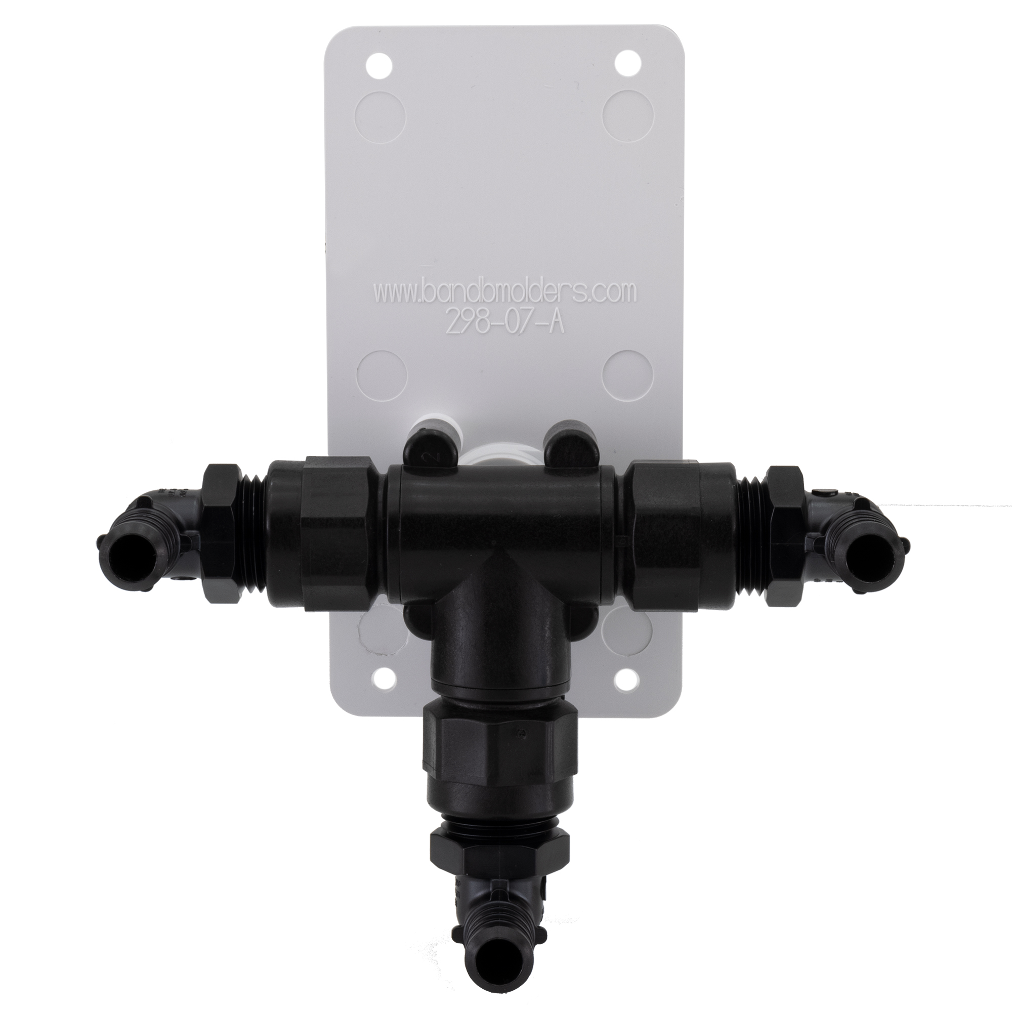 Red hot water heater diverter valve with front mounting plate back view.