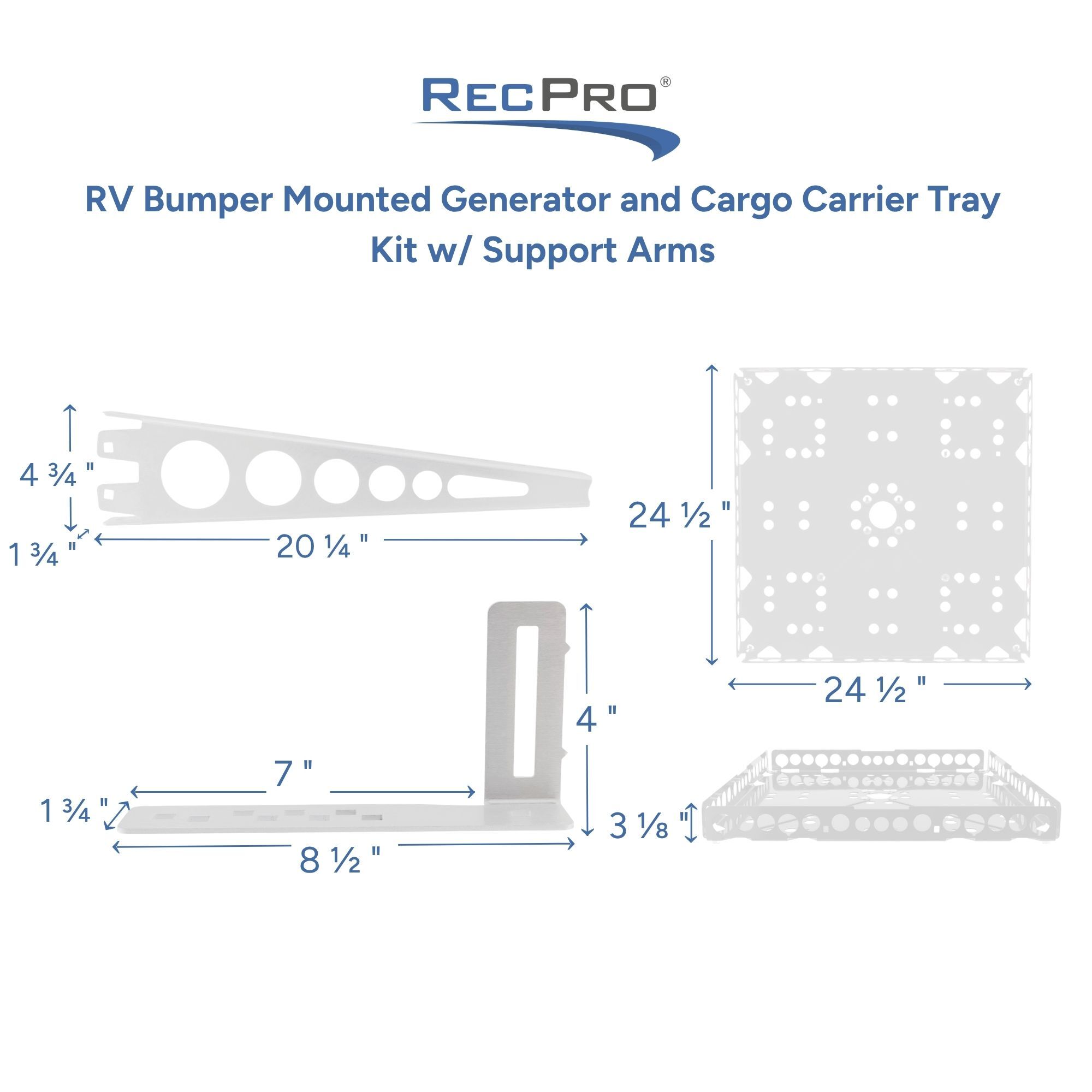 RV Bumper Mounted Generator and Cargo Carrier Tray Kit w/ Support Arms Measurements RV Bumper Mounted Generator and Cargo Carrier Tray Kit w/ Support Arms Measurements