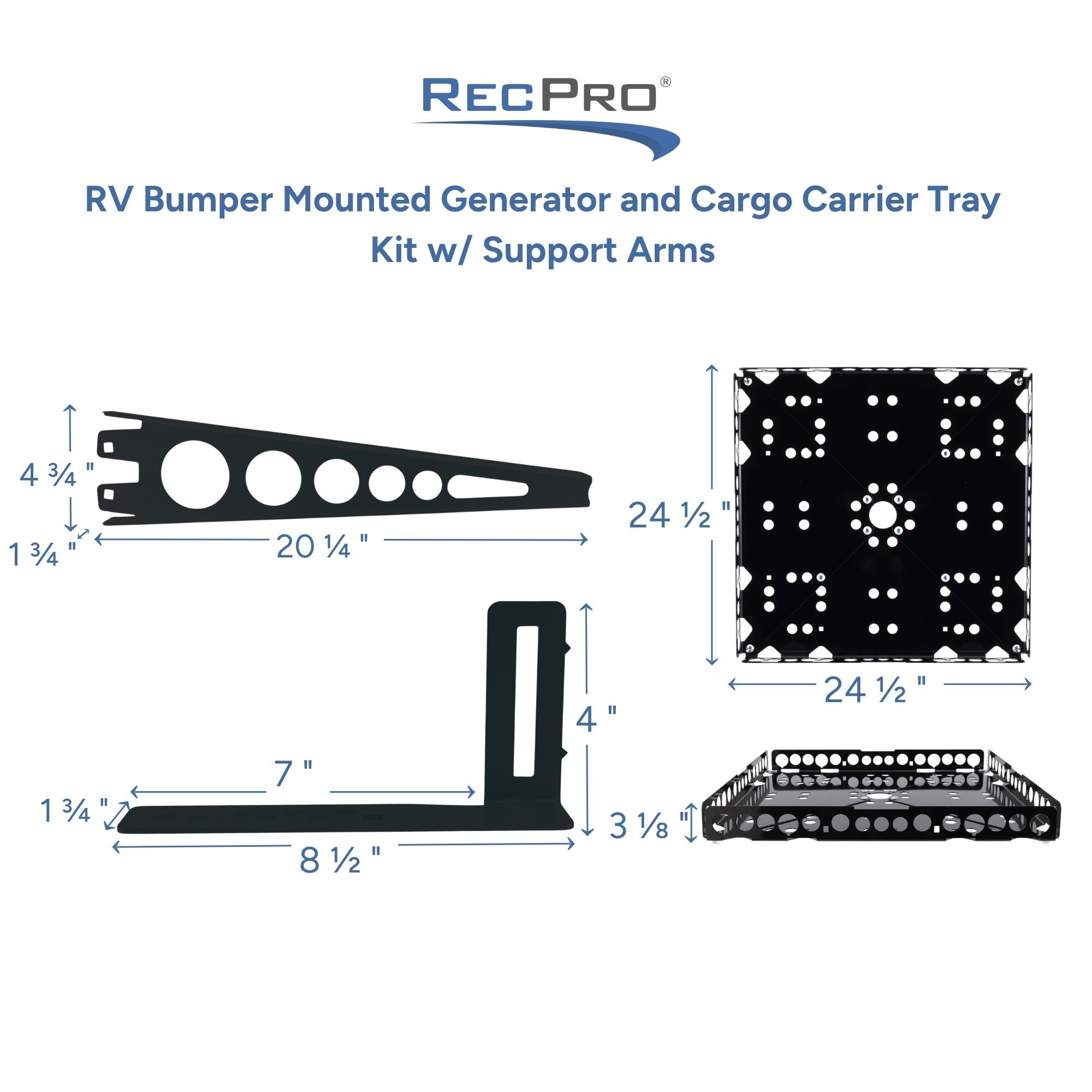 RV Bumper Mounted Generator and Cargo Carrier Tray Kit w/ Support Arms Measurements RV Bumper Mounted Generator and Cargo Carrier Tray Kit w/ Support Arms Measurements