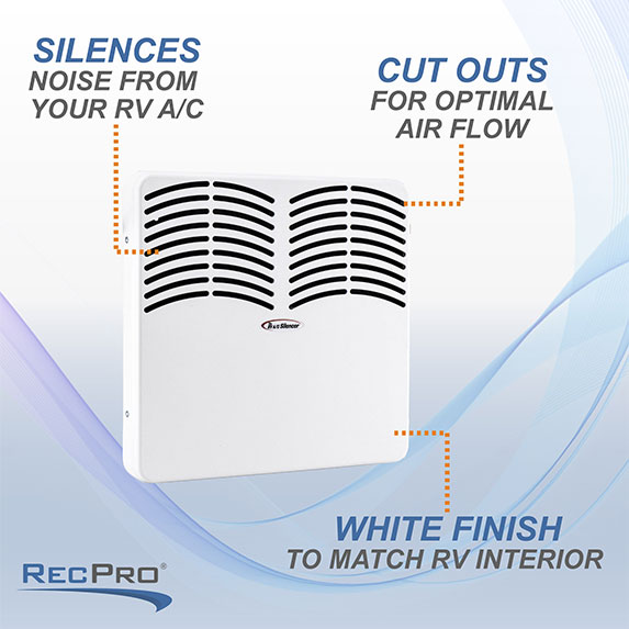 Silences noise from your RV AC. Built in Cut outs for optimal air flow. White finish to match RV interior.