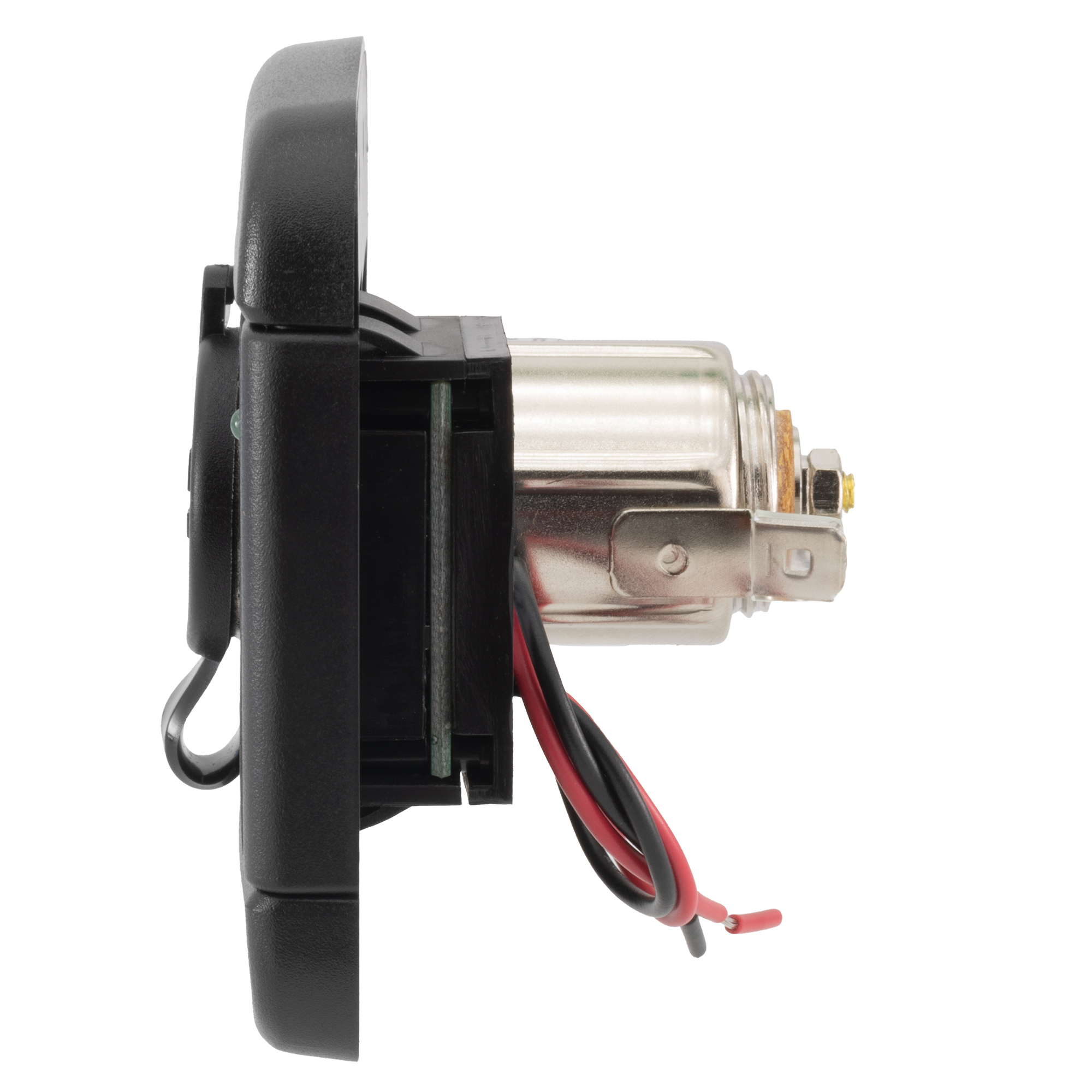 Black RV cigarette lighter socket with dual USB ports side profile.