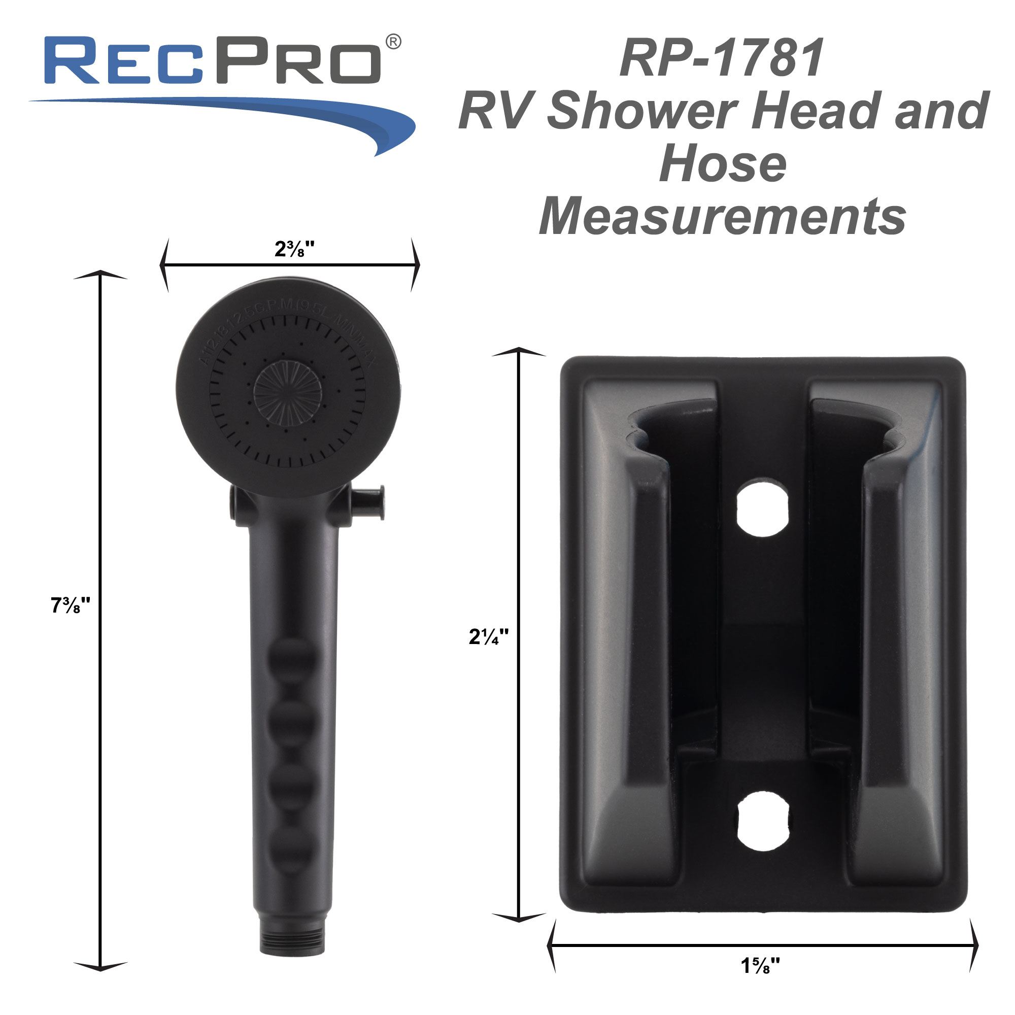 RV Handheld Shower Head and Hose with Shut Off Matte Black RecPro