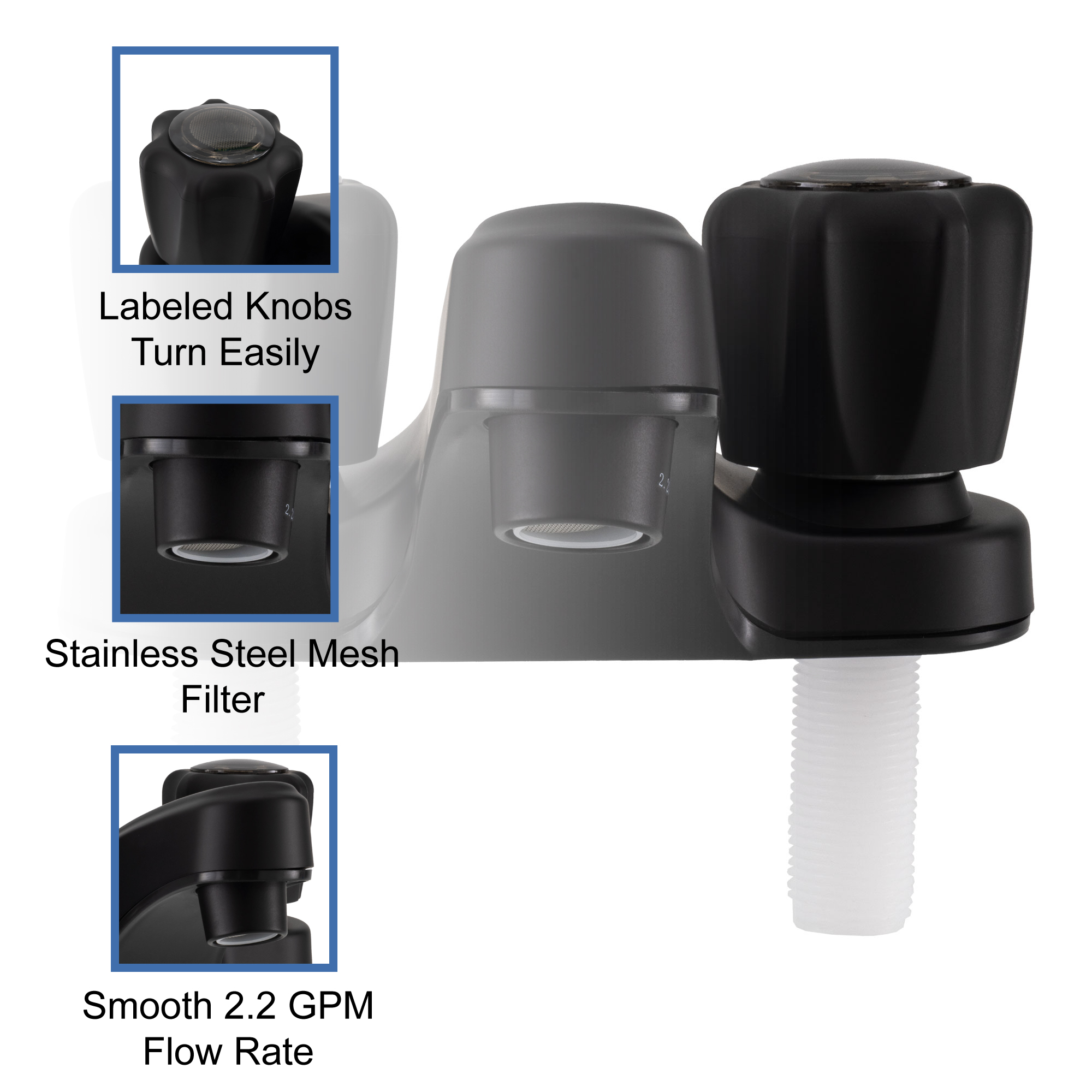 Labeled knobs turn easily. Stainless steel mesh filter. Smooth 2.2 GPM flow rate. Labeled knobs turn easily. Stainless steel mesh filter. Smooth 2.2 GPM flow rate.