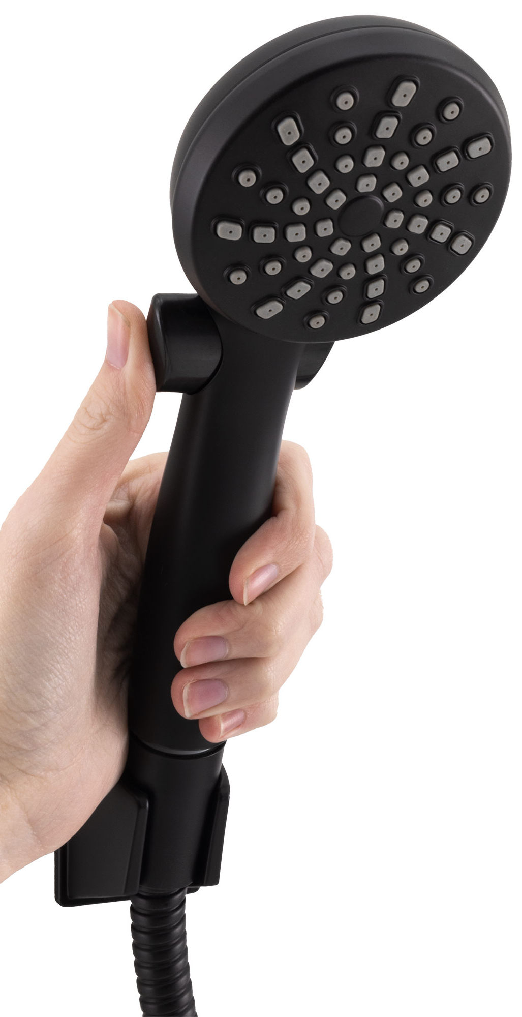 A hand pressing  the shut off button on the side of the shower head.