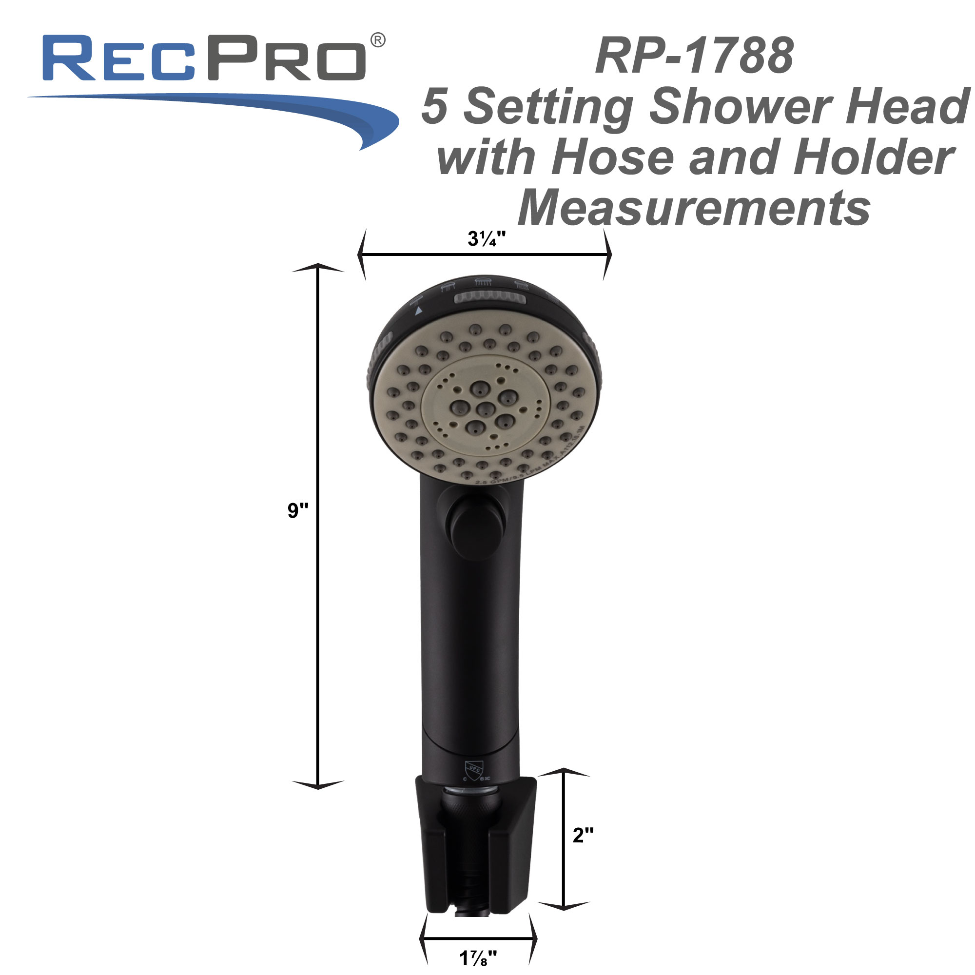 Black RV handheld shower head with wall mount measurements. Black RV handheld shower head with wall mount measurements.