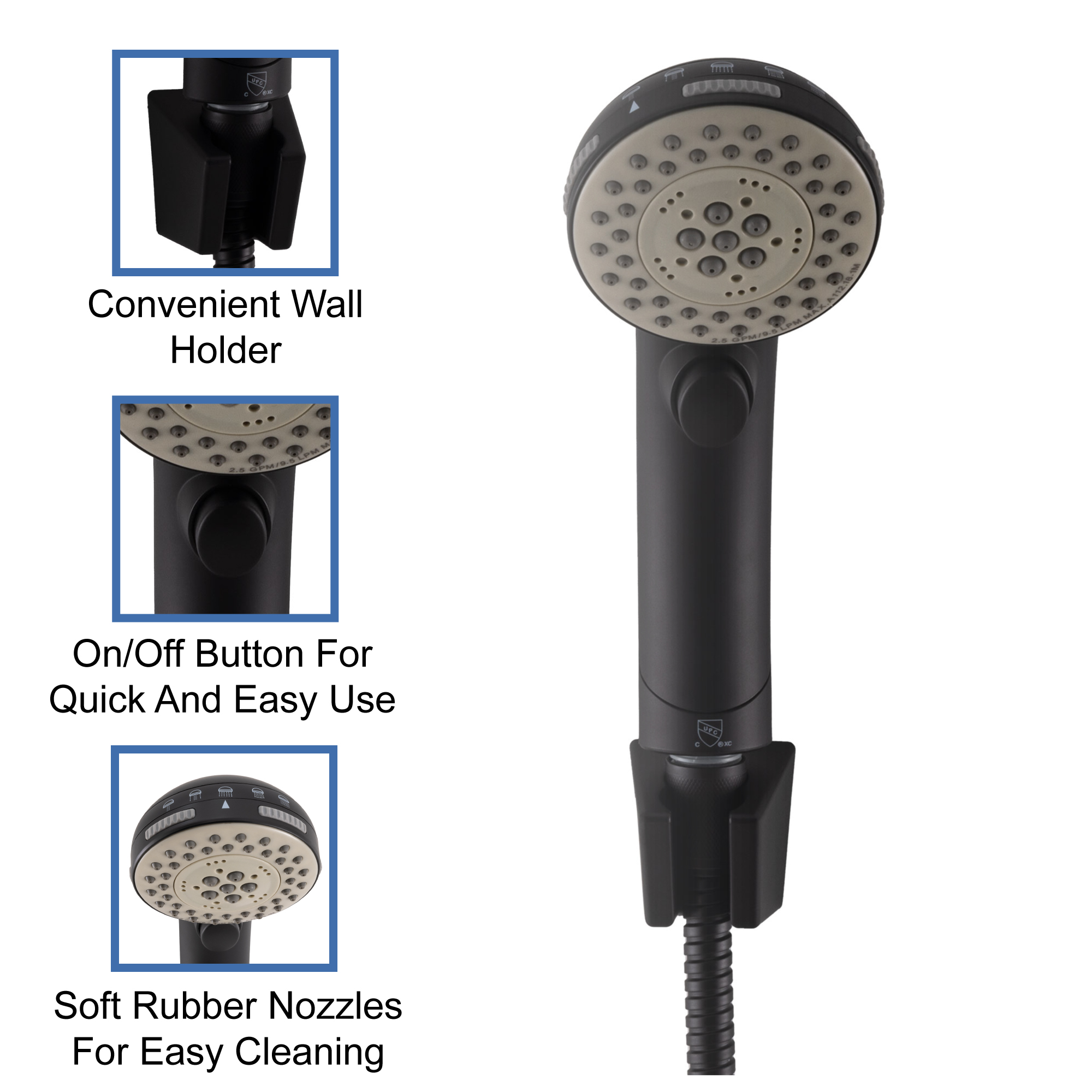 Convenient wall holder. On/Off button for quick and easy use. Soft rubber nozzles for easy cleaning. Convenient wall holder. On/Off button for quick and easy use. Soft rubber nozzles for easy cleaning.