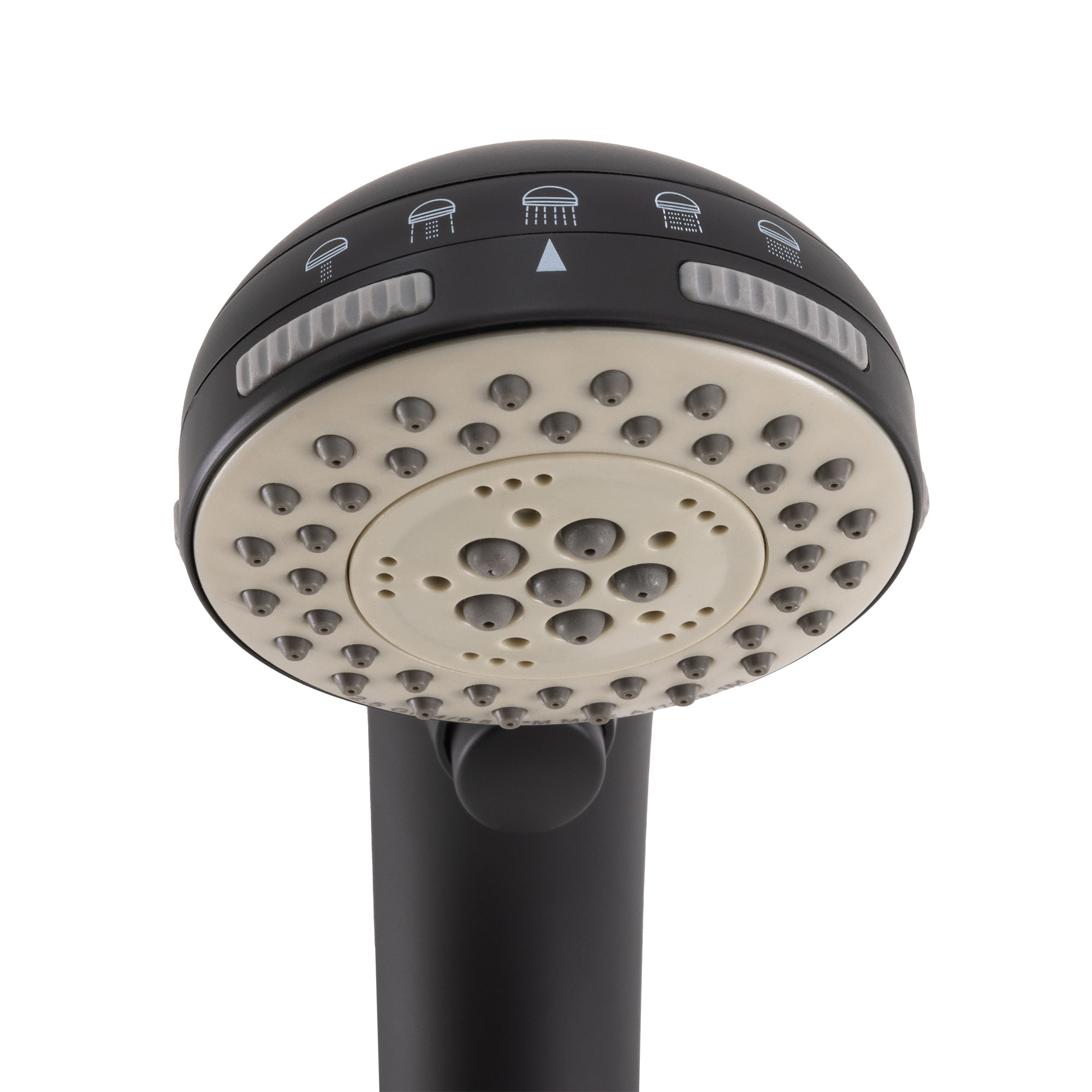 Black RV handheld shower head front view. Black RV handheld shower head front view.
