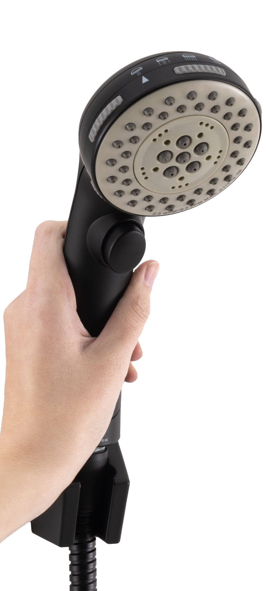 A hand holding the shower head.