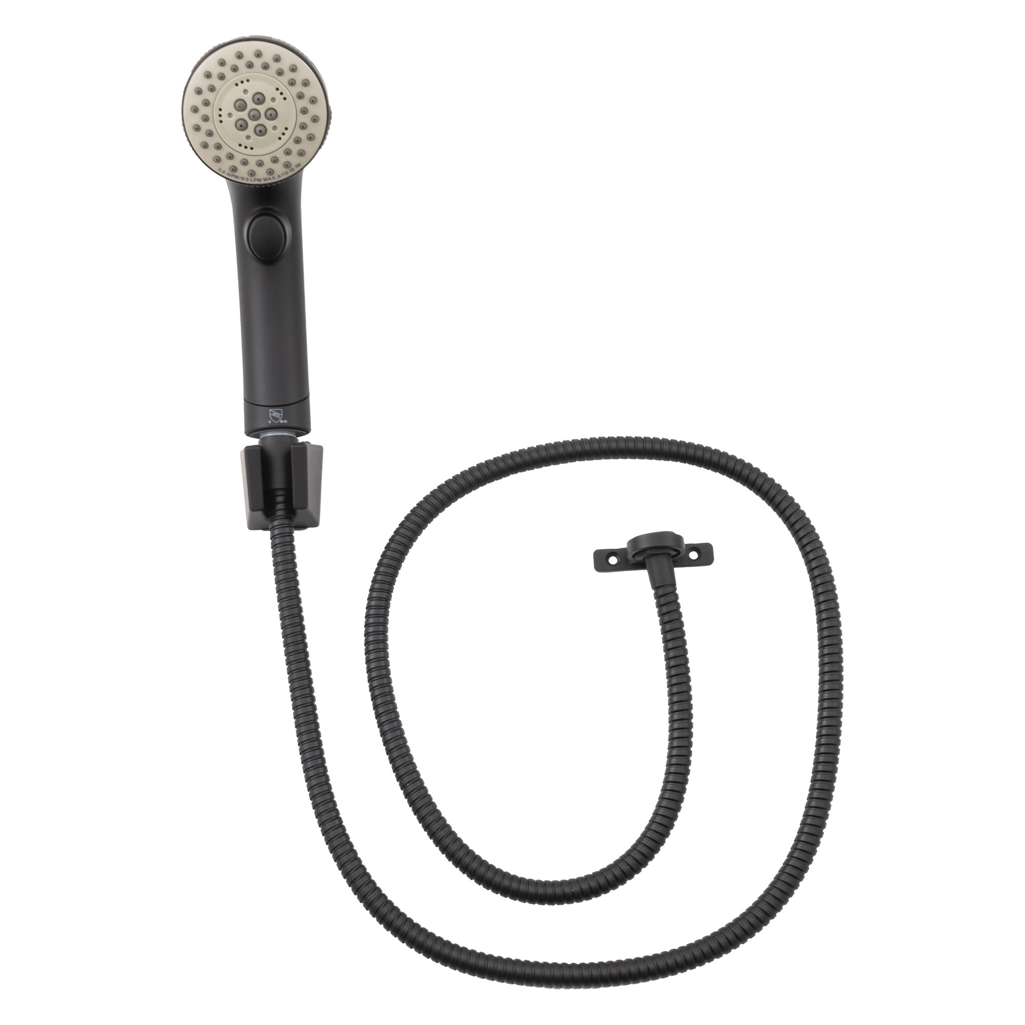 Black RV handheld shower head and hose with wall mount.