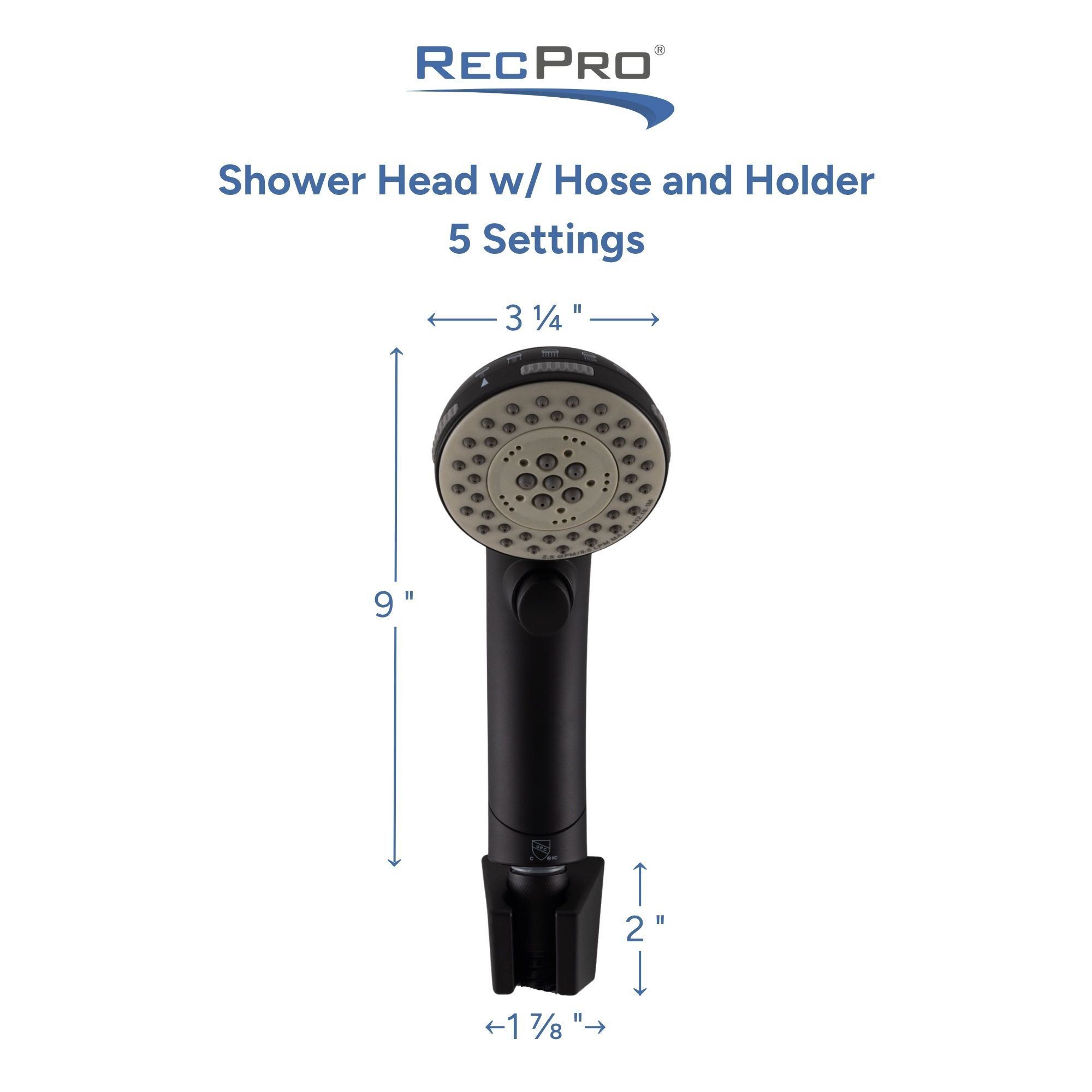 Shower Head w/ Hose and Holder 5 Settings Measurements 