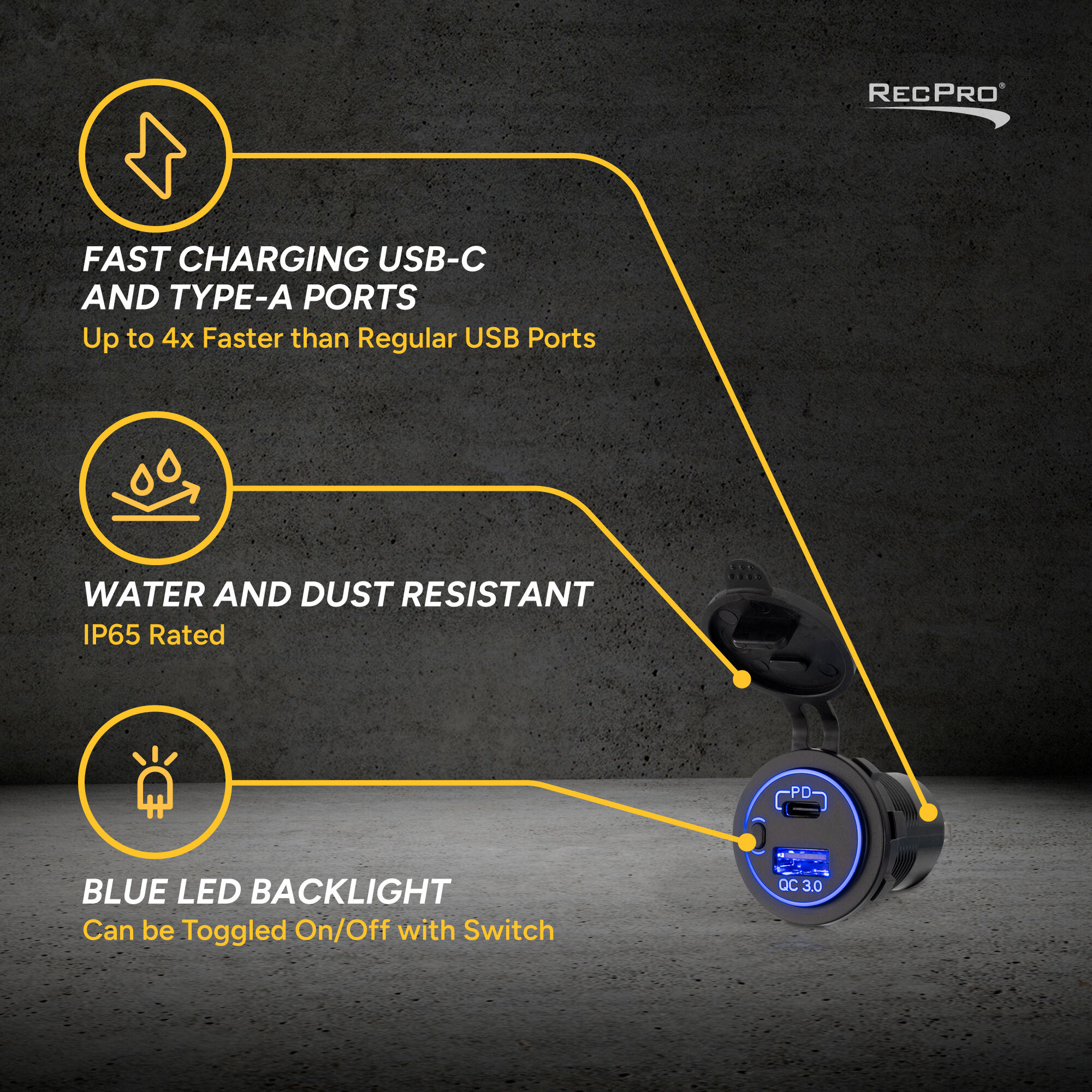 Fast Charging USB-C and Type-A Ports, Water and Dust Resistant, Blue LED Backlight