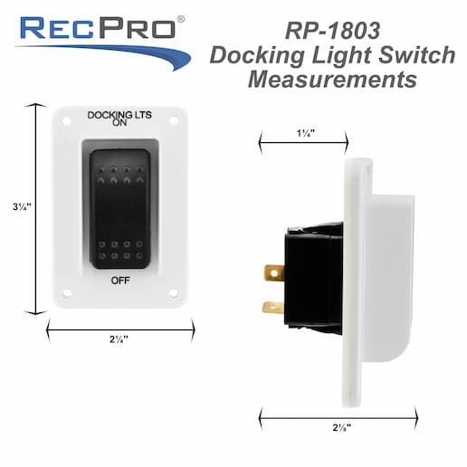 Black marine 12 volt rocker switch with a white mounting plate and hood over the switch measurements.