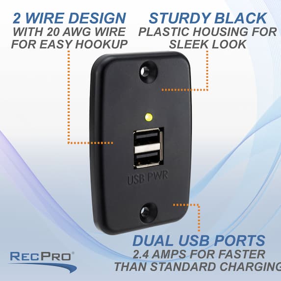 2 wire design with 20 AWG wire for easy hookup. Sturdy black plastic housing for sleek look. Dual USB ports 2.4 amps for faster than standard charging.
