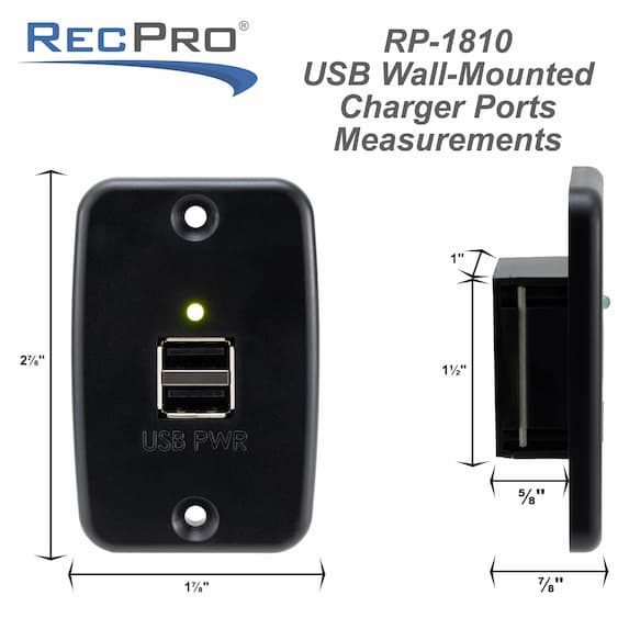 Black RV dual USB charger outlet measurements.