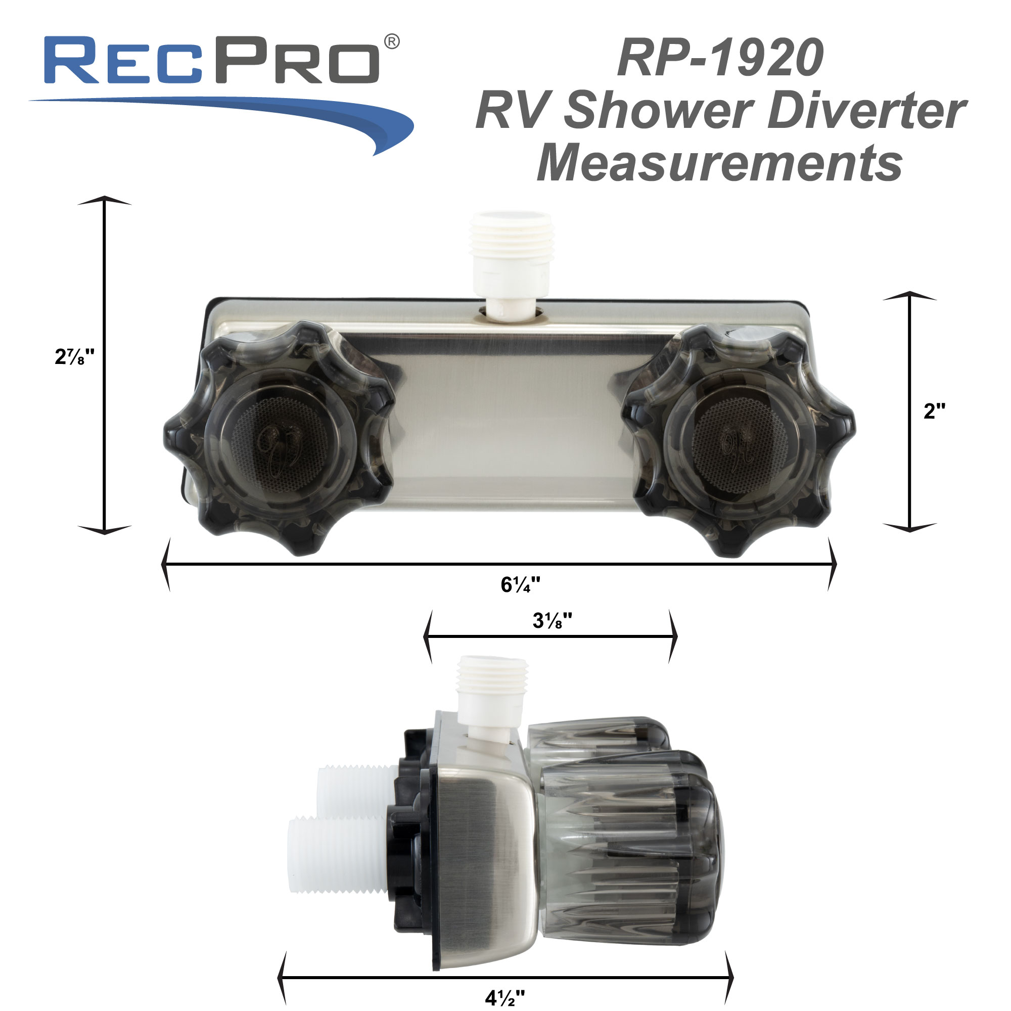 RV brushed nickel shower diverter with smoke handles measurements. RV brushed nickel shower diverter with smoke handles measurements.