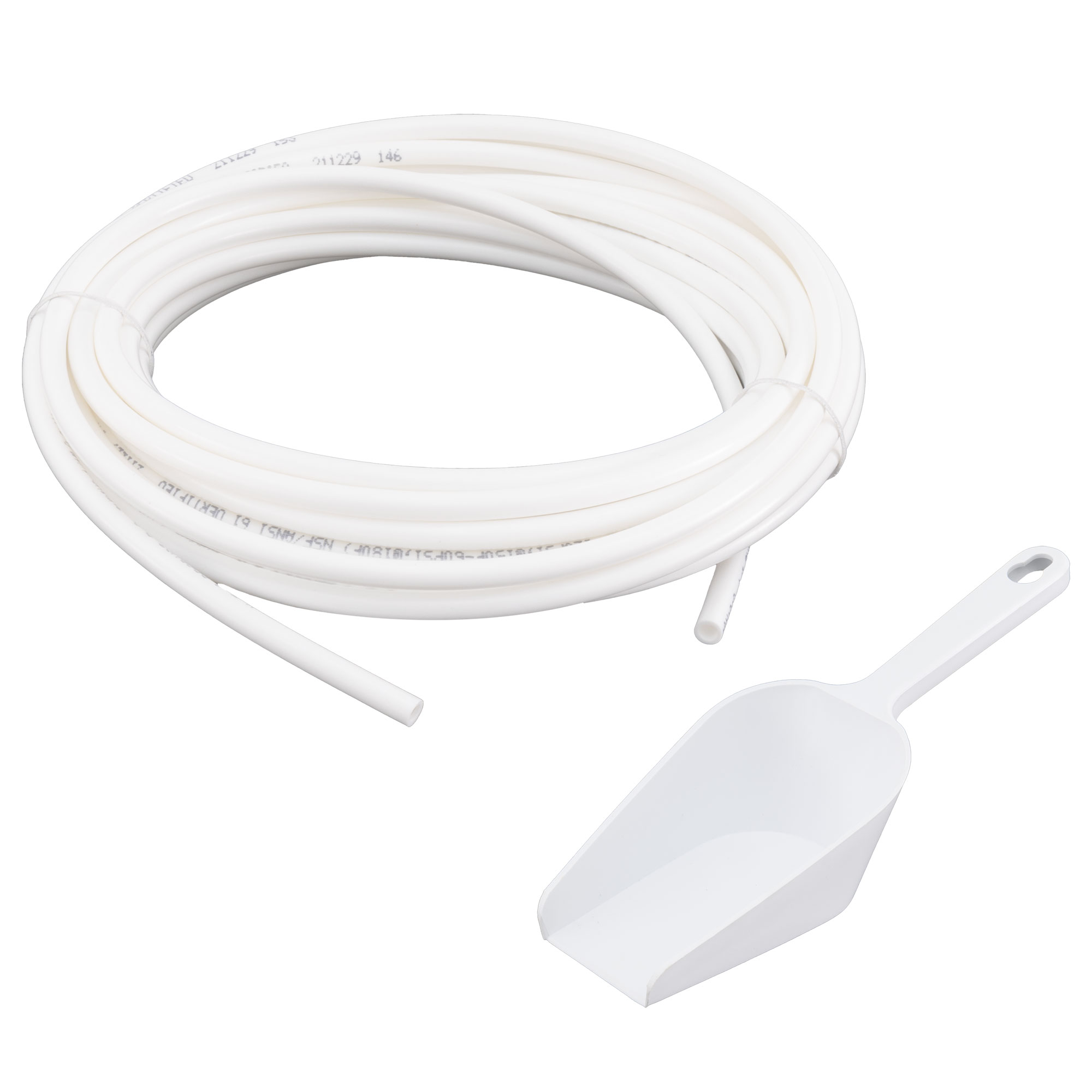 Included white water hose and white plastic ice scooper.