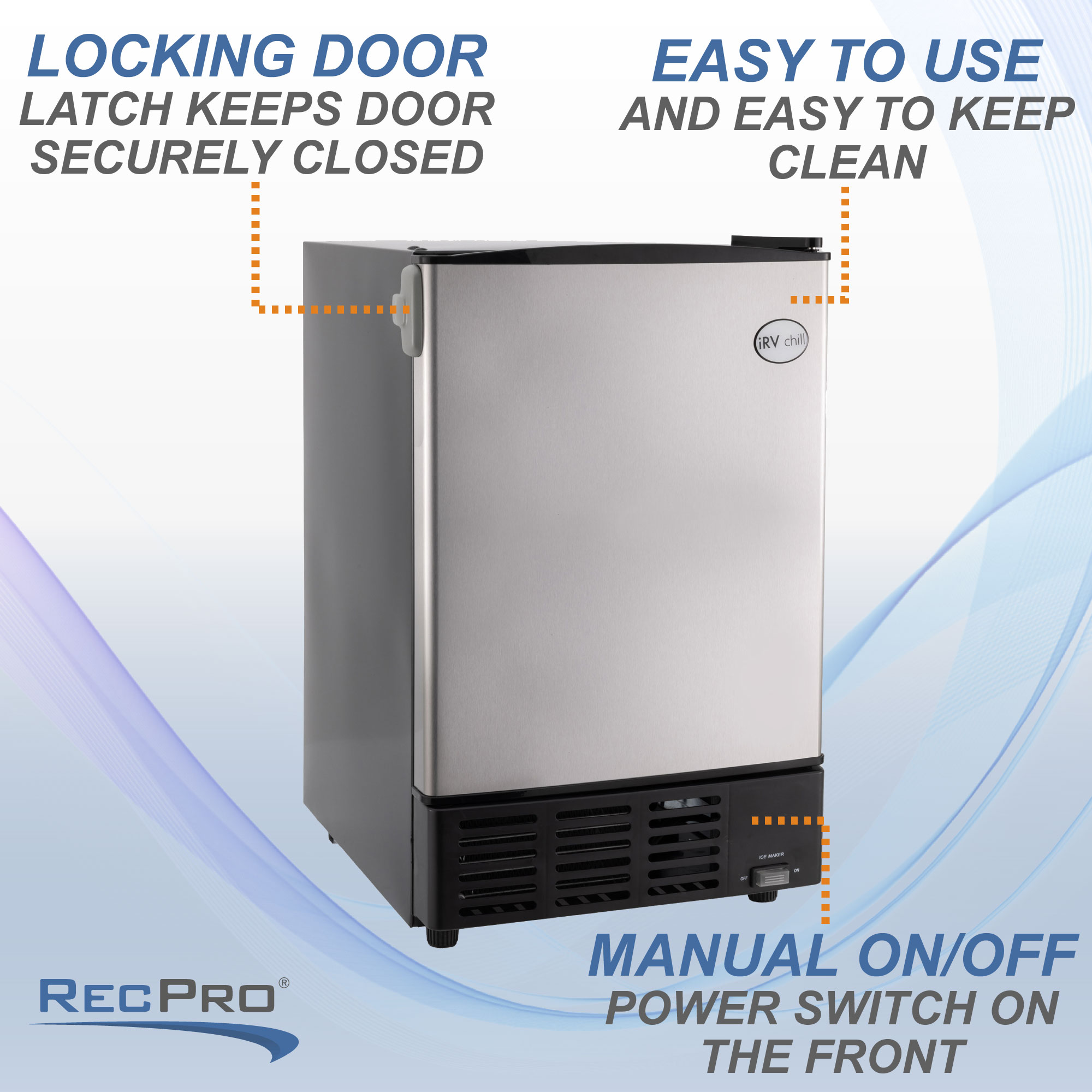 Locking door latch keeps door securely closed. Easy to use and easy to keep clean. Manual on/off power switch on the front.