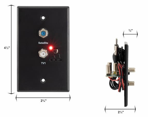 Black satellite and cable hookup wall plate measurements.