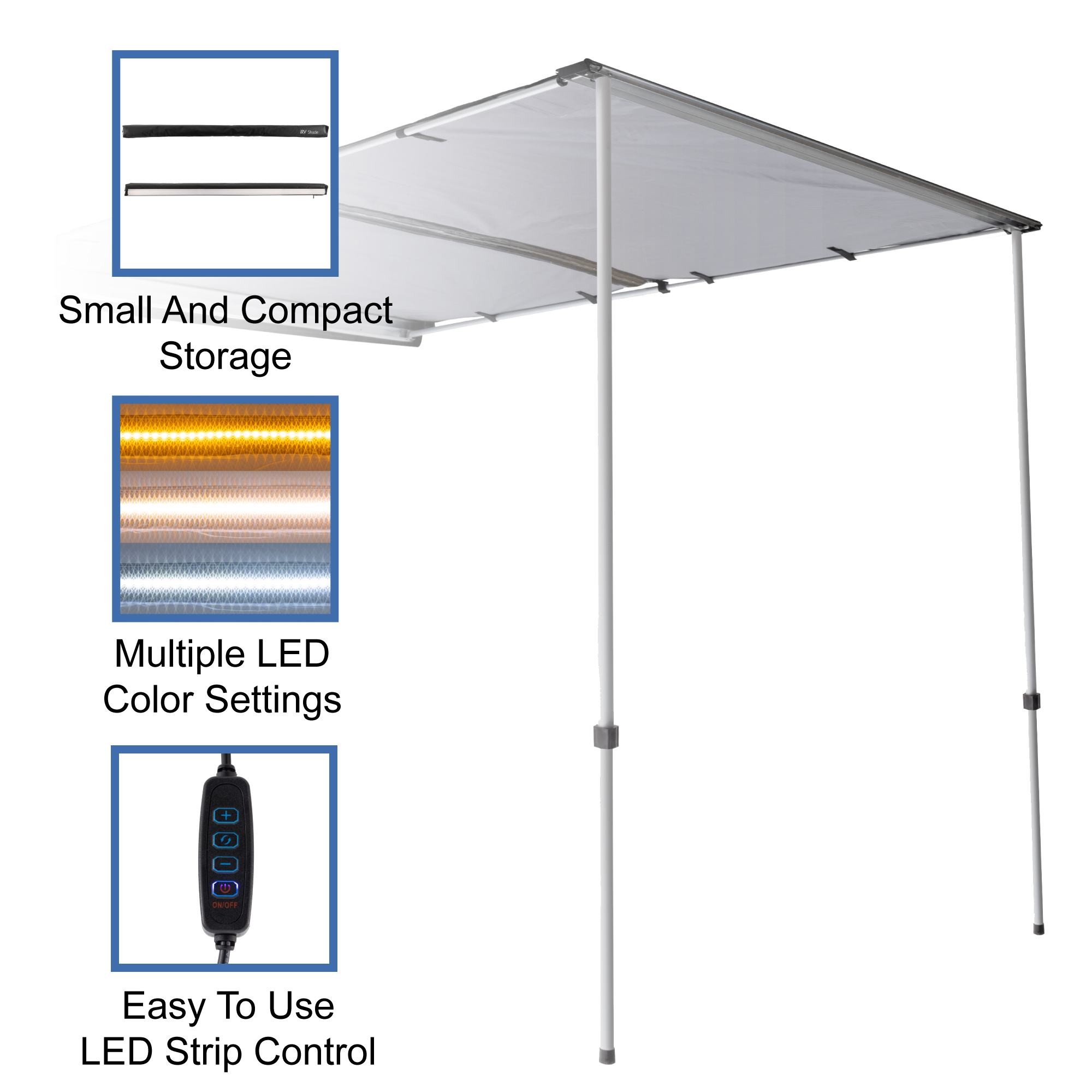 Small and compact storage. Multiple LED color settings. Easy to use LED strip control.