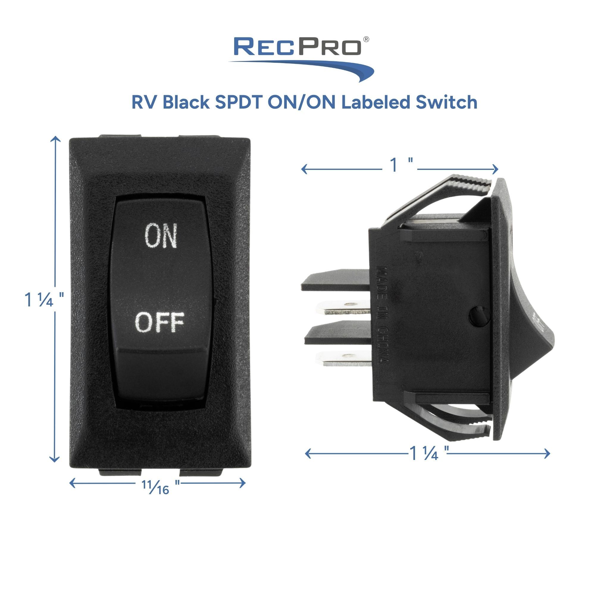 RV Black SPDT ON/Off Labeled Switch Measurements 