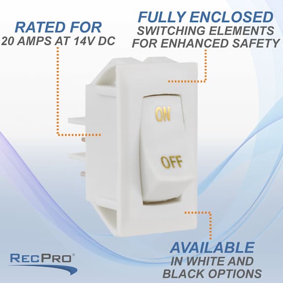 Rated for 20 amps at 12 volt DC. Fully enclosed switching elements for enhanced safety. Available in white and black options.