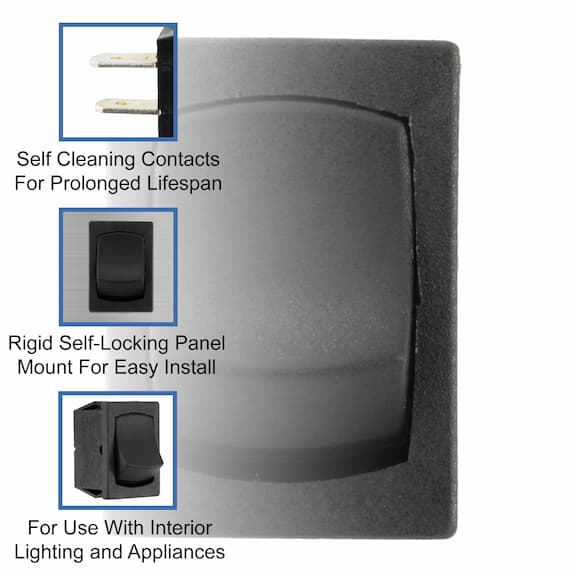 Self cleaning contacts for prolonged lifespan. Rigid panel mount for easy install. For use with interior lighting and appliances.