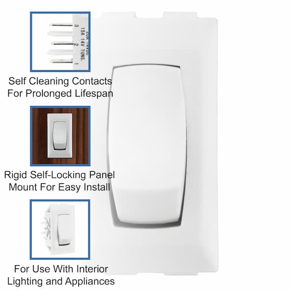 Self cleaning contacts for prolonged lifespan. Rigid panel mount for easy install. For use with interior lighting and appliances.