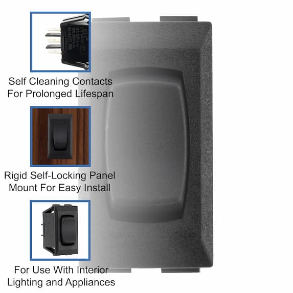 Self cleaning contacts for prolonged lifespan. Rigid panel mount for easy install. For use with interior lighting and appliances.