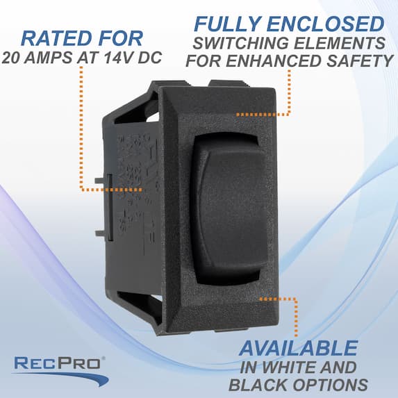 Rated for 20 amps at 14 volt DC. Fully enclosed switching elements for enhanced safety. Available in white and black options.