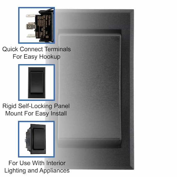 Quick connect terminals. Rigid self-locking panel mount for easy install. For use with interior lighting and appliances.