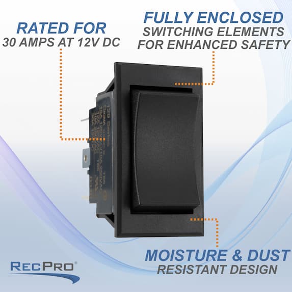 Rated for 30 amps at 12V DC. Fully enclosed switching elements for enhanced safety. Moisture and dust resistant design.