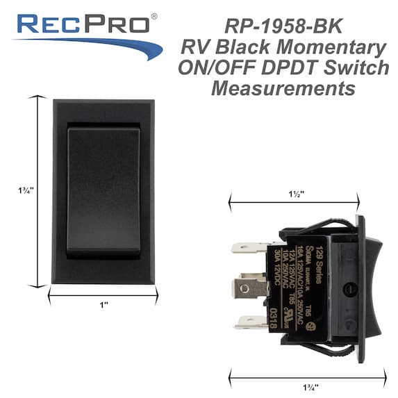 Black RV momentary rocker switch measurements.