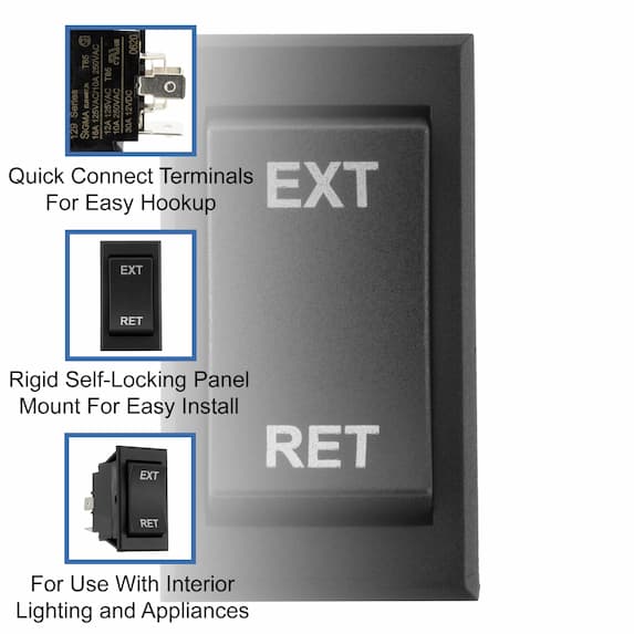 Quick connect terminals. Rigid self-locking panel mount for easy install. For use with interior lighting and appliances.