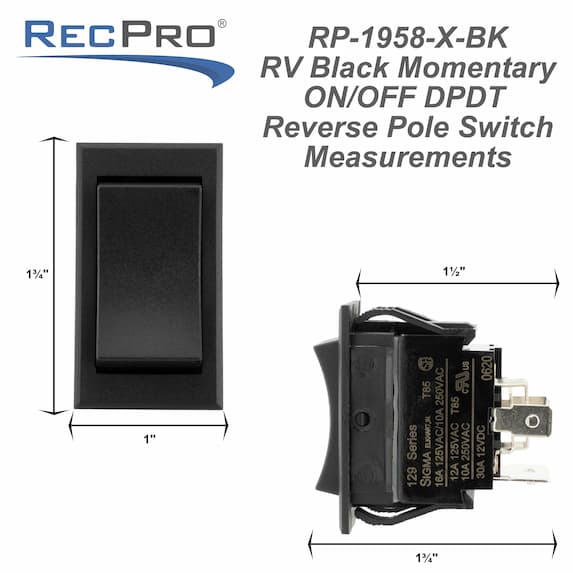 Black RV momentary rocker switch measurements.