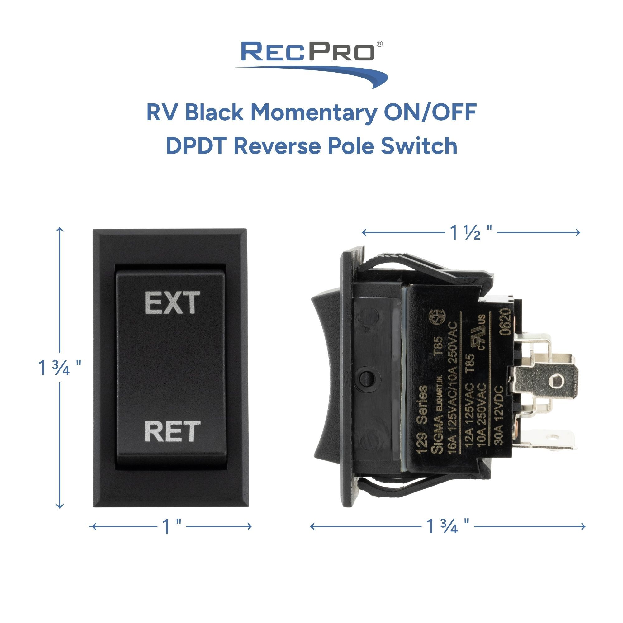 RV Black Momentary ON-OFF DPDT Reverse Pole Switch Measurements RV Black Momentary ON-OFF DPDT Reverse Pole Switch Measurements