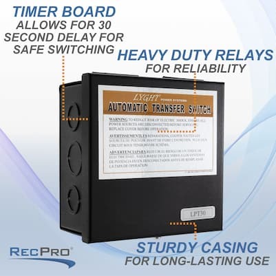 Timer board allows for 30 second delay for safe switching. Heavy duty relays for reliability. Sturdy casing for long-lasting use.