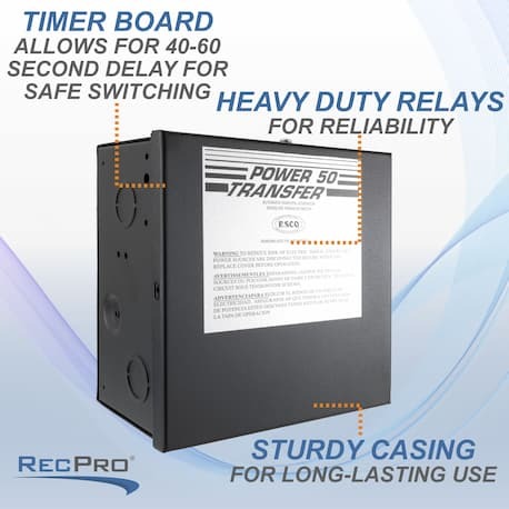 Timer board allows for 40-60 second delay for safe switching. Heavy duty relays for reliability. Sturdy casing for long-lasting use.